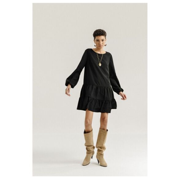 Nomade Molly Bracken Womens Size Large Black Woven Ruffle Shift Mini Dress NWT - Picture 6 of 8